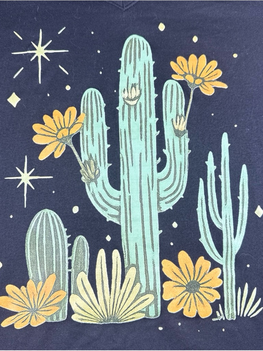 Crew Neck Sweater with Cactus Floral Graphic - Navy